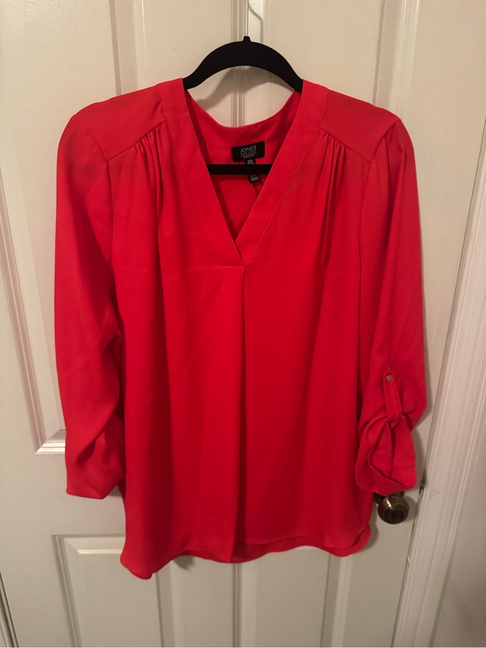 Jones New York Bright Red V-Neck Roll-Tab Blouse